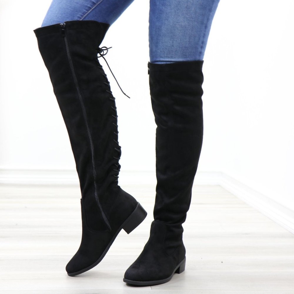Low Heel Faux Suede Black Thigh High Boots